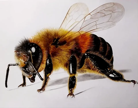 Detailed bumble bee with translucent wings on a pale ground