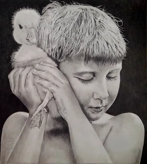Pencil portrait of a young boy gently holding a duckling